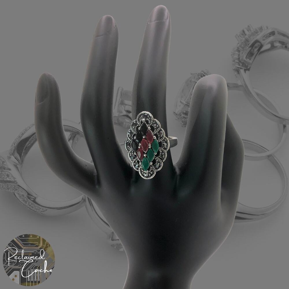 Silver and Multicolor Rhinestone Statement Ring - Size 7.5